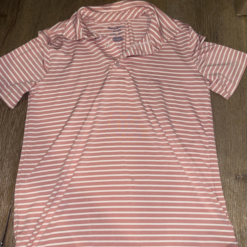 Tommy Bahama Active Shirt Polo Boy's Large (10/12) Pink Striped Collar Golf