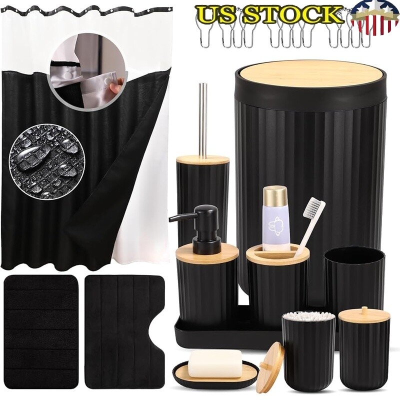 24Pcs Complete Bathroom Set with Shower Curtain, Rug, Trash Can & Toilet Brush