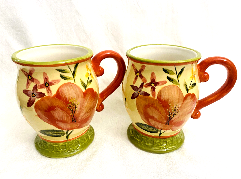 RAYMOND WAITES COFFEE MUGS TAHITI FLORAL FOOTED CUPS-- SET OF 2--CERTIFIED INT'L