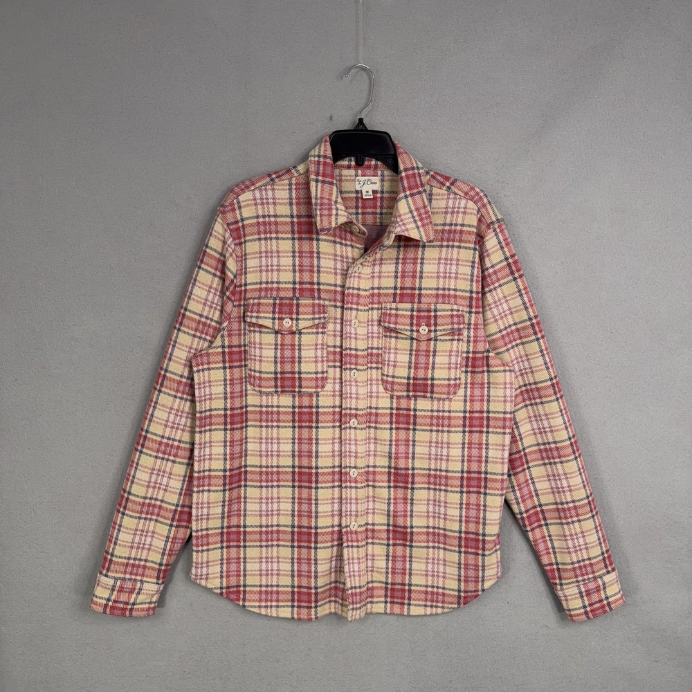 J Crew Shirt Mens Medium Seaboard Soft Knit Beige Red Plaid Flannel Stretch