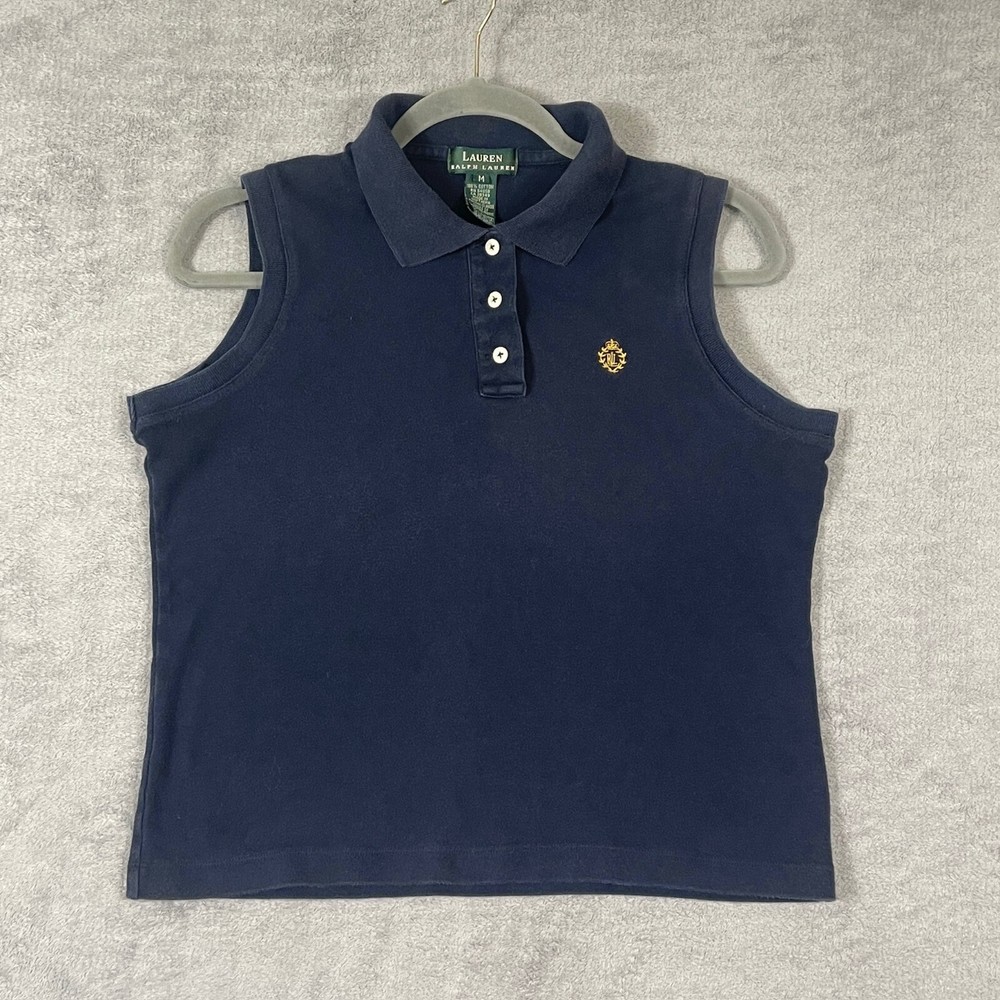 Vintage Lauren Ralph Lauren Preppy Top Womens Size Medium Navy Blue Crest Polo
