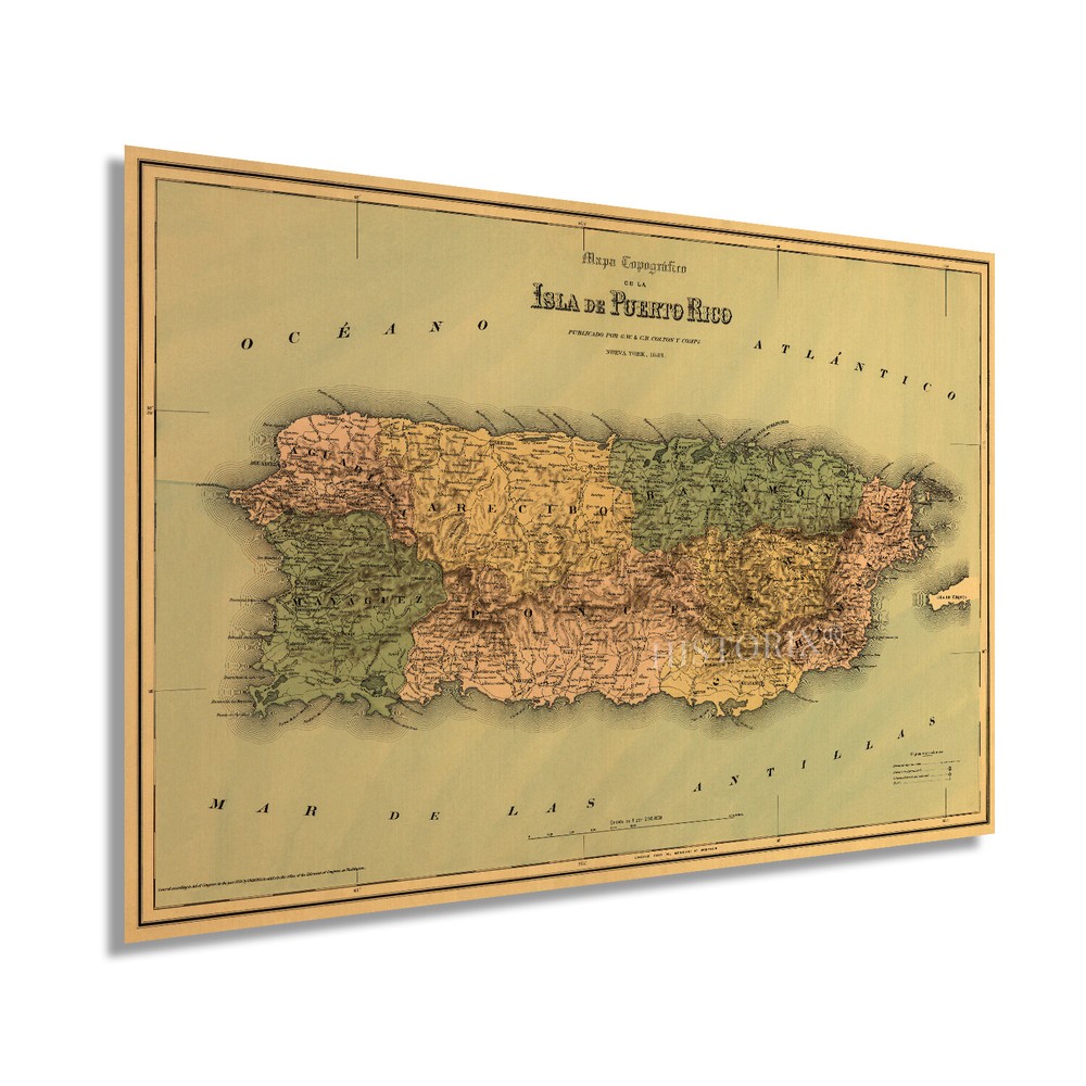 1886 Puerto Rico Map Wall Art - Vintage Isla de Puerto Rico Poster Print Decor