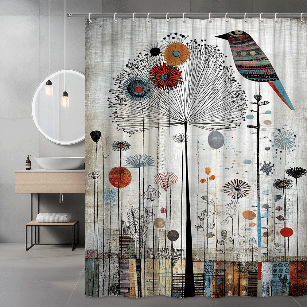 Abstract Floral Bird Shower Curtain, Modern Art Print