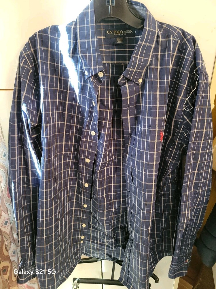 Mens Large US Polo Assn Blue Plaid Button Up Collared Shirt