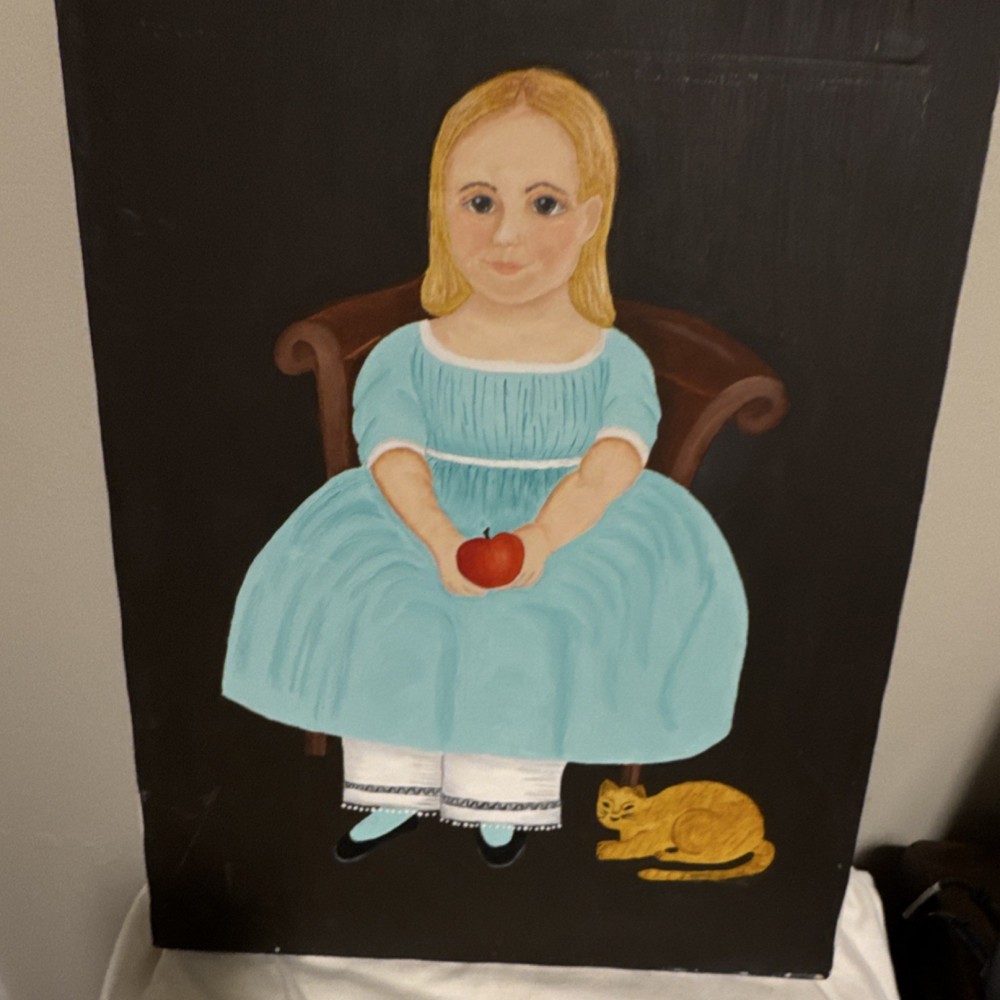 Folk Art Acrylic Painting Framed Canvas Girl Cat Apple Portrait 16x20 in