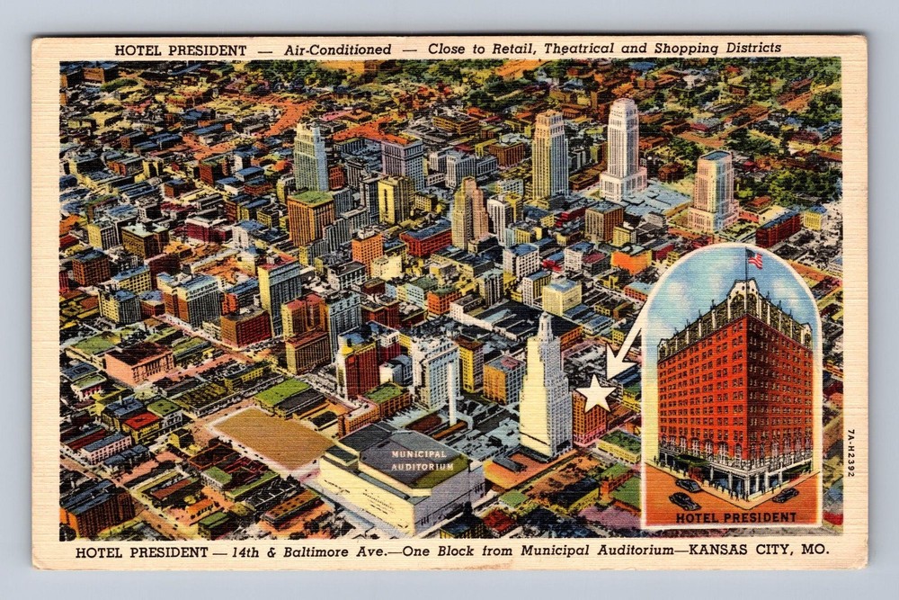 Kansas City MO-Missouri Aerial Hotel President Vintage Postcard