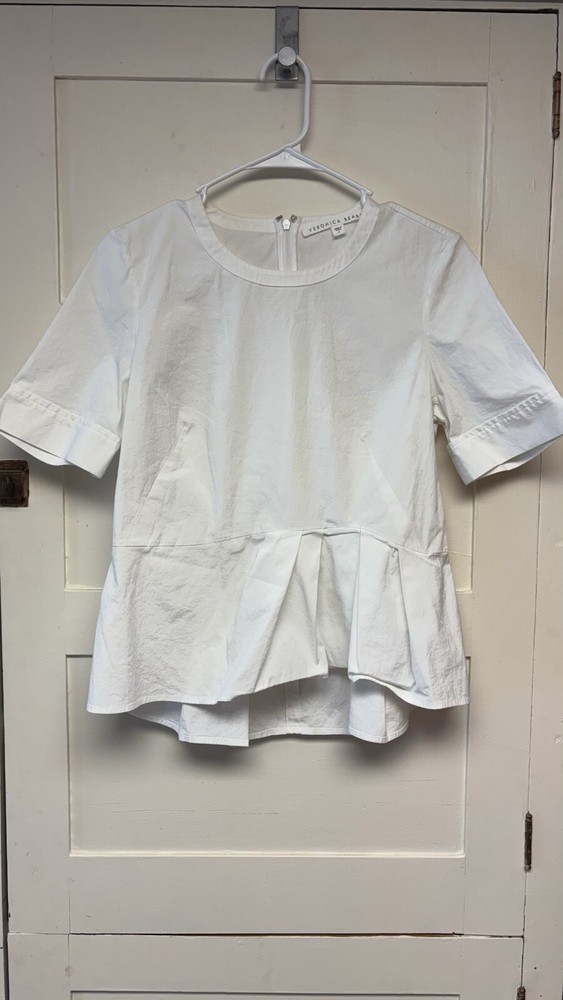 Veronica Beard Peplum Blouse Top Shirt Womens 8 White Crew Neck Short Sleeve