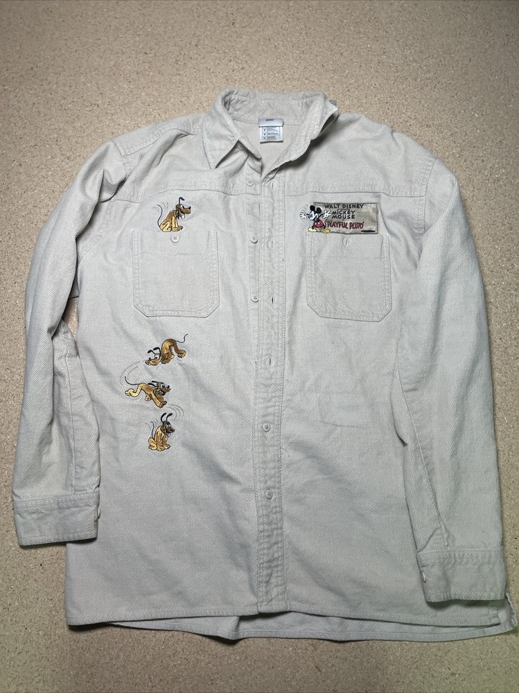 The Disney Store Mickey Mouse In Playful Pluto Thick Cotton Button Up Shirt M