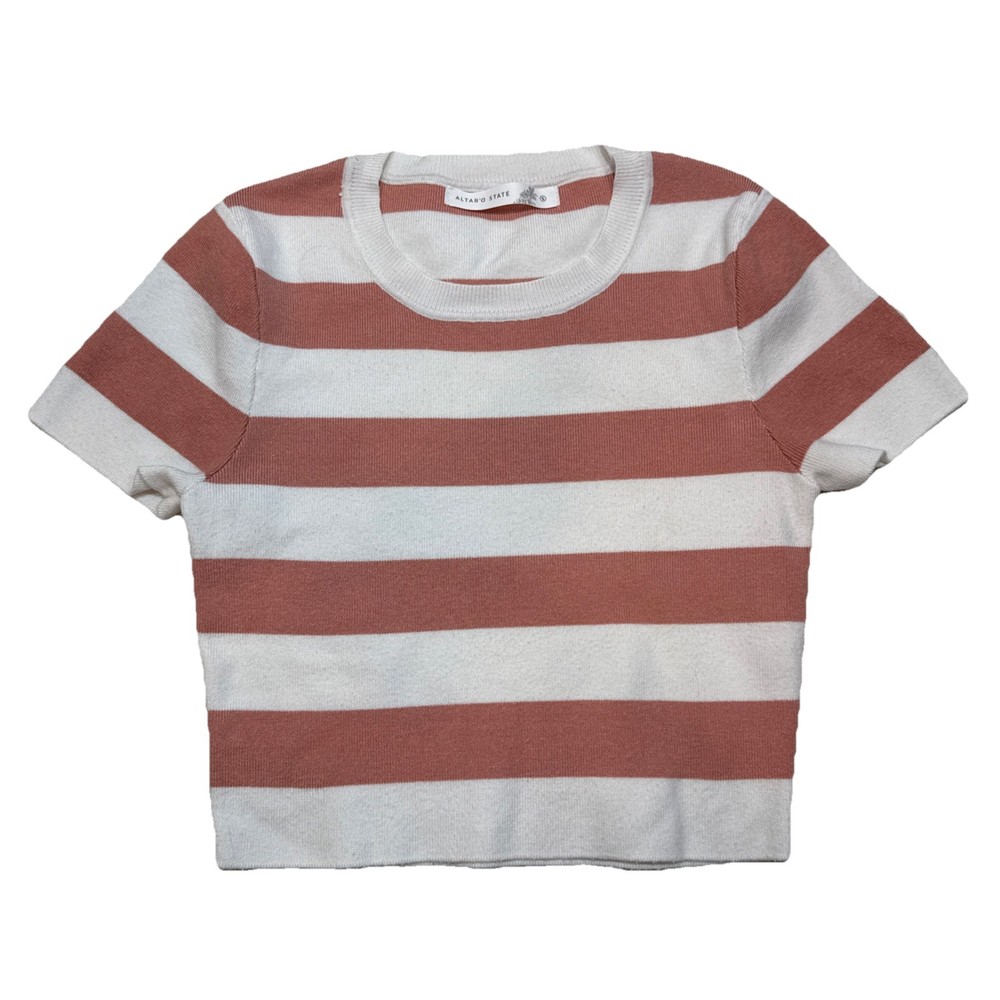 Striped Crop Top Women Short Sleeve Pink White Casual Small Altar’d State