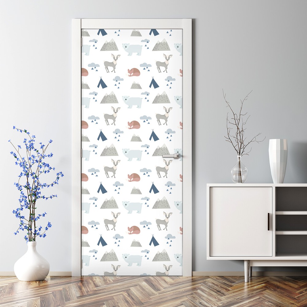 Self-Adhesive Forest Animals Bubble-Free Door Decal Featuring Fox and Bear Designs