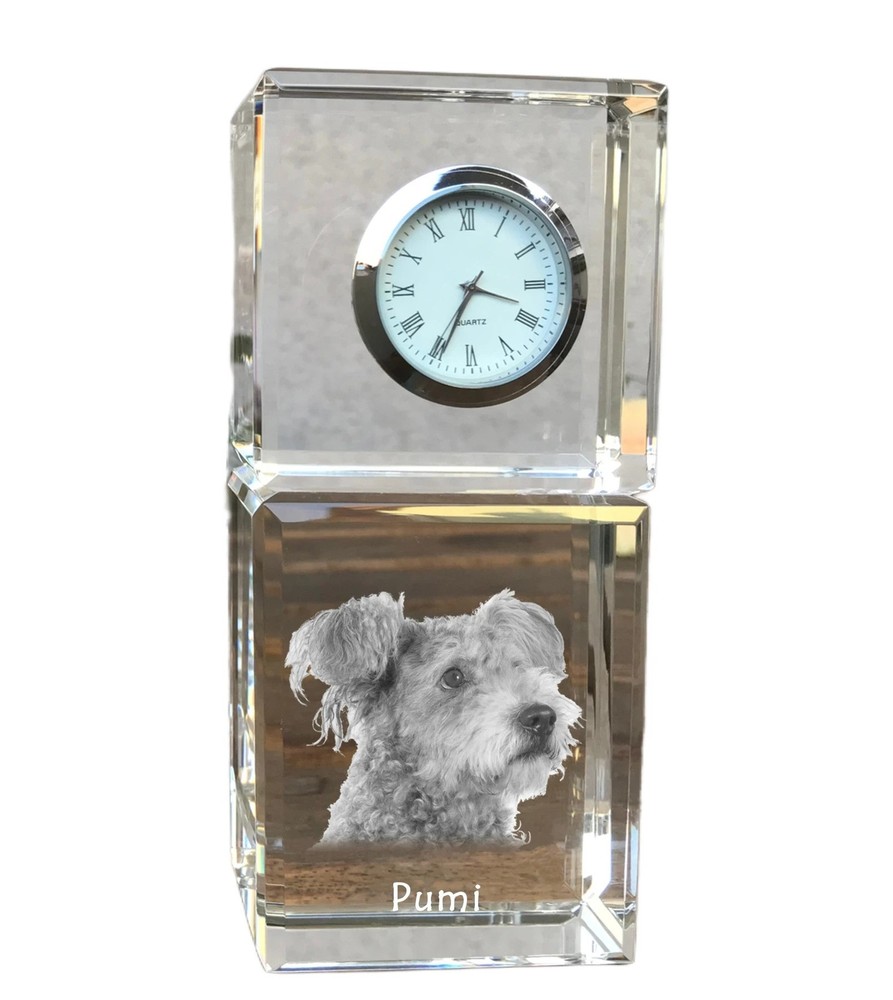 Personalized Pumi Dog Crystal Clock with Custom Photo Insert for Desk