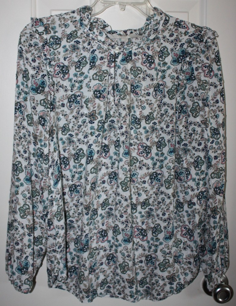 LOFT Blouse Floral Ruffle Shoulder & Collar  Size S