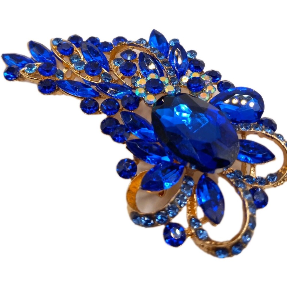 Statement Brooch Cobalt Blue color Rhinestones W Clear AB Crystal Accents