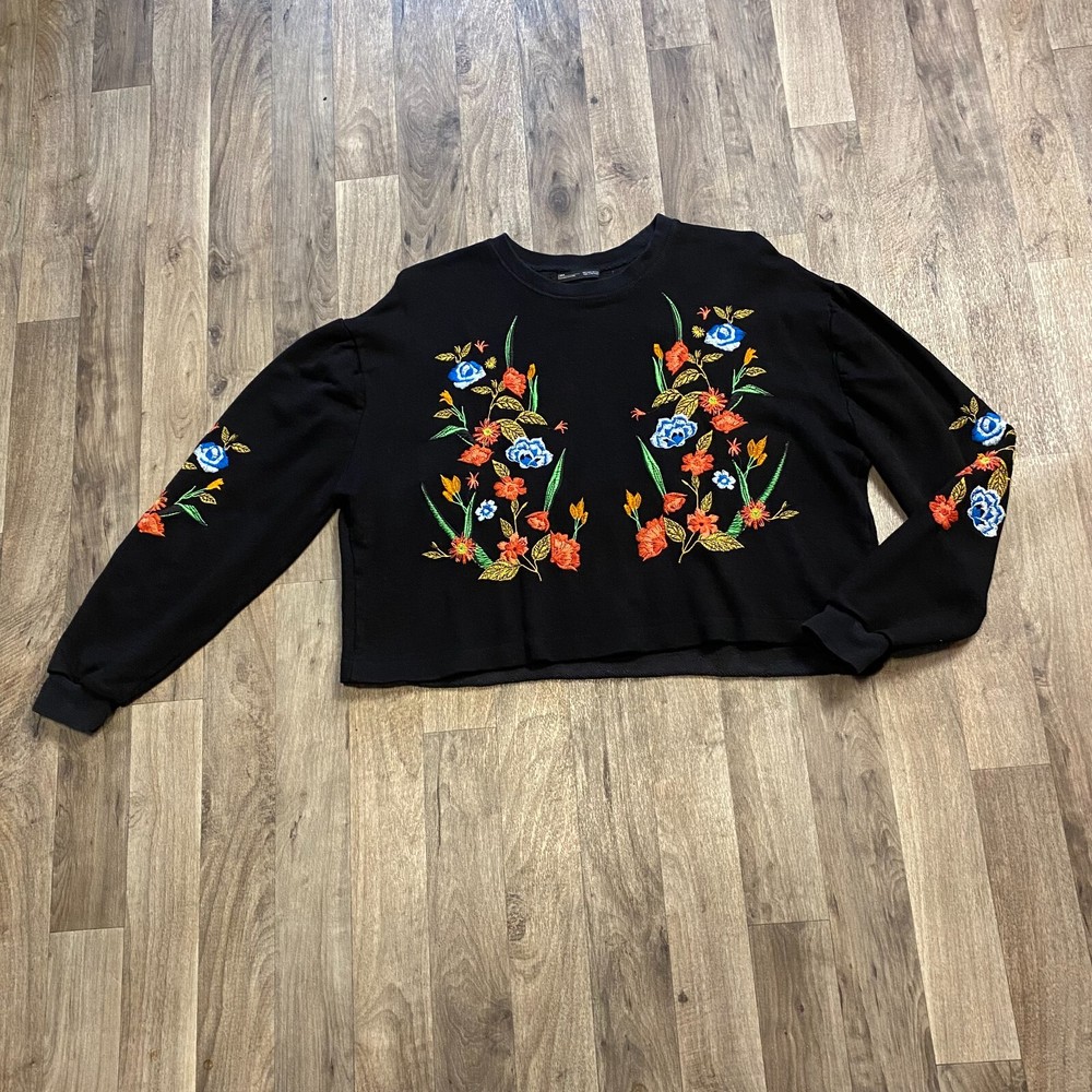 Zara Black Floral Embroidered Sweatshirt Cropped Floral Boho Whimisgoth Garden