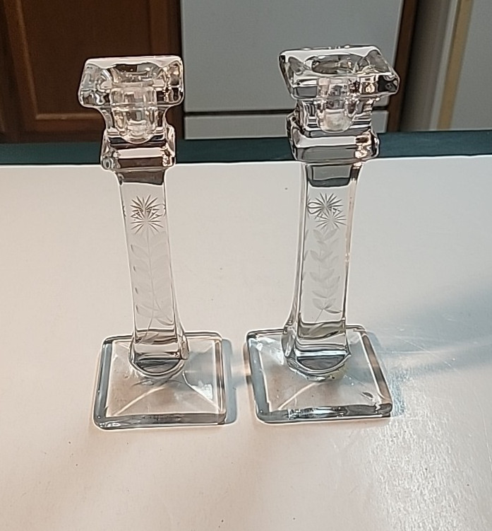 Clear Depression Glass Art Deco Style Etched Candle Holders - Set of 2
