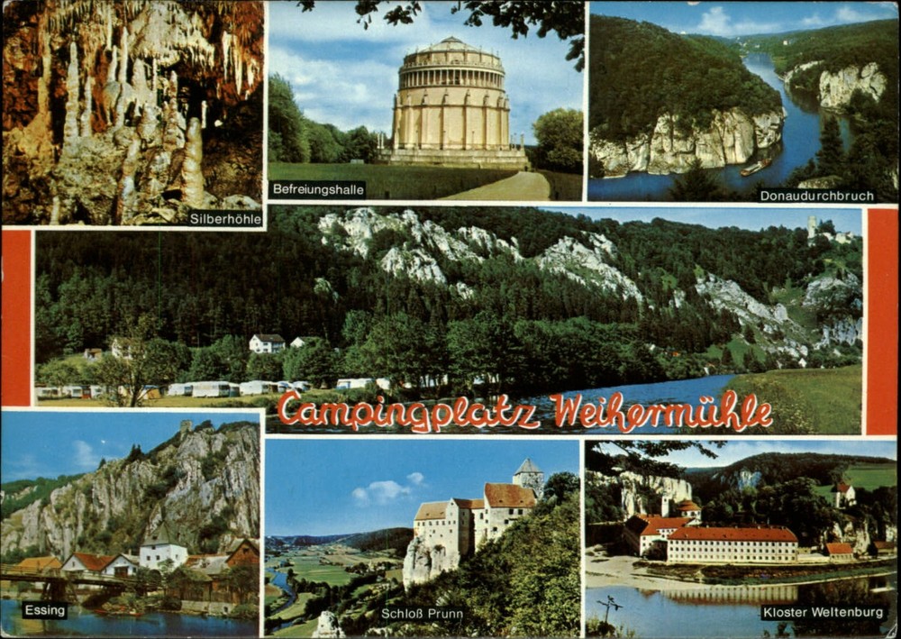 Germany Essing Camping Weihermuhie lake mountains multiview ~ postcard sku623