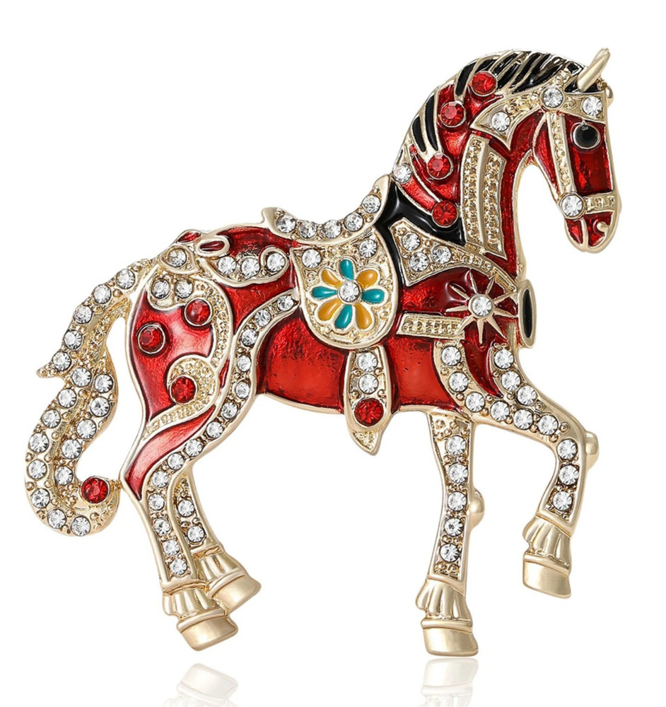 Ornate Enamel Carousel Horse Brooch Pin Crystal Rhinestone Equestrian Jewelry