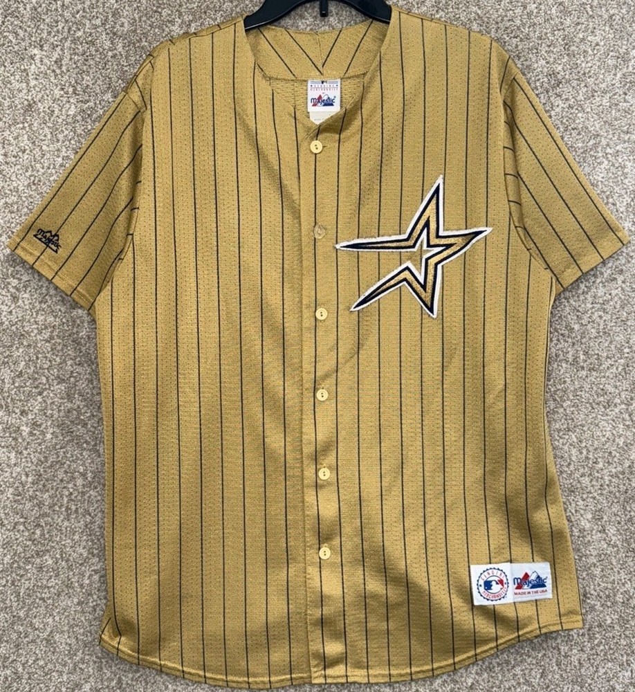 Vintage 90s Majestic MLB Mens Houston Astros Gold Pinstripe Jersey Size XL USA