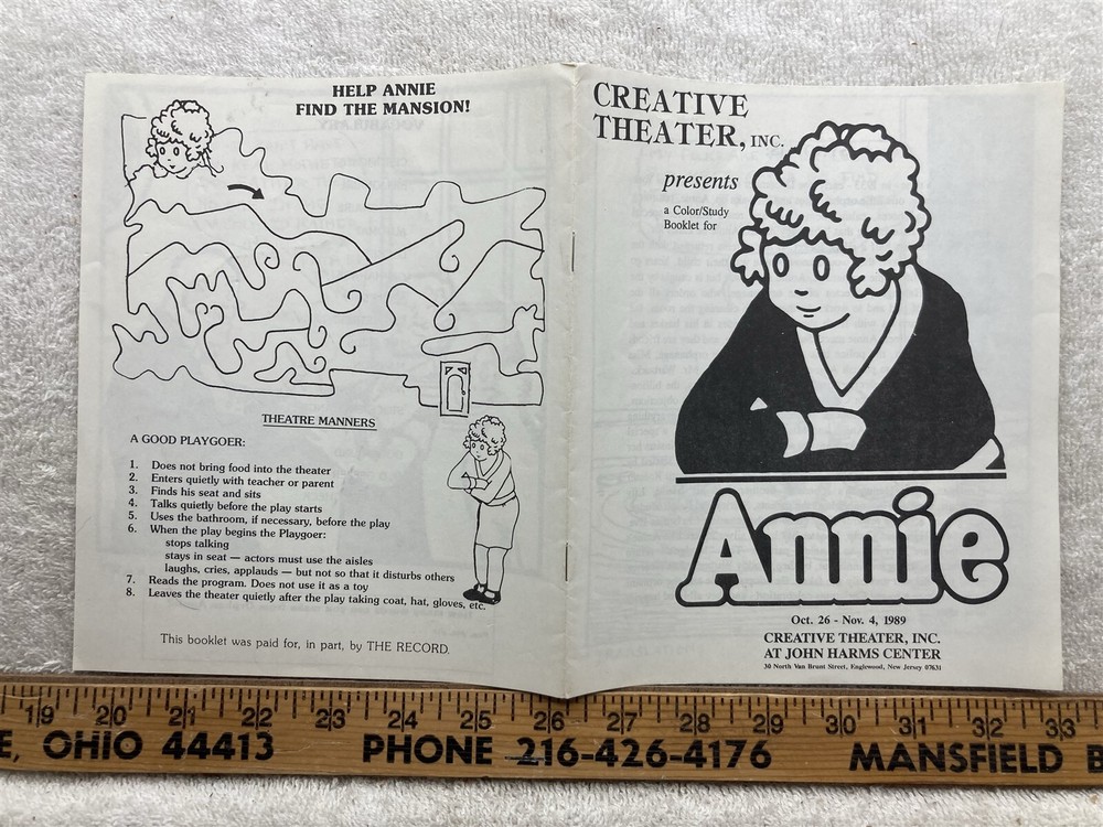 1989 Creative Theater Inc Annie John Harms Center Englewood NJ Coloring Book