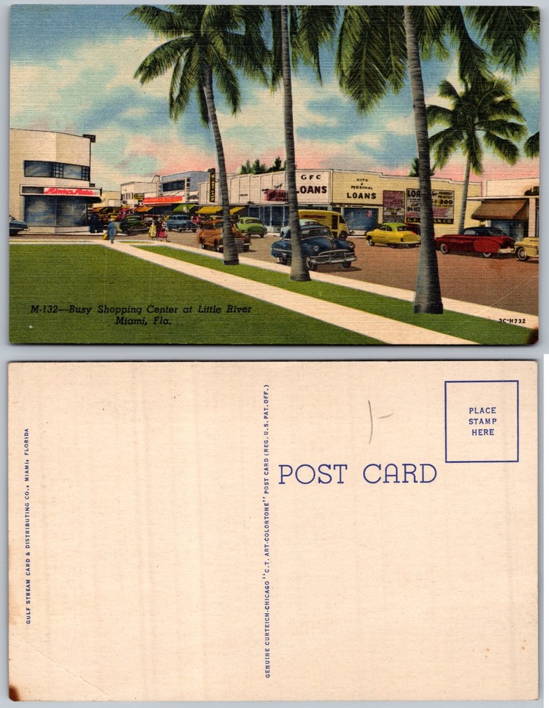Shopping Center Little River Miami Florida Stores Cars Postcard