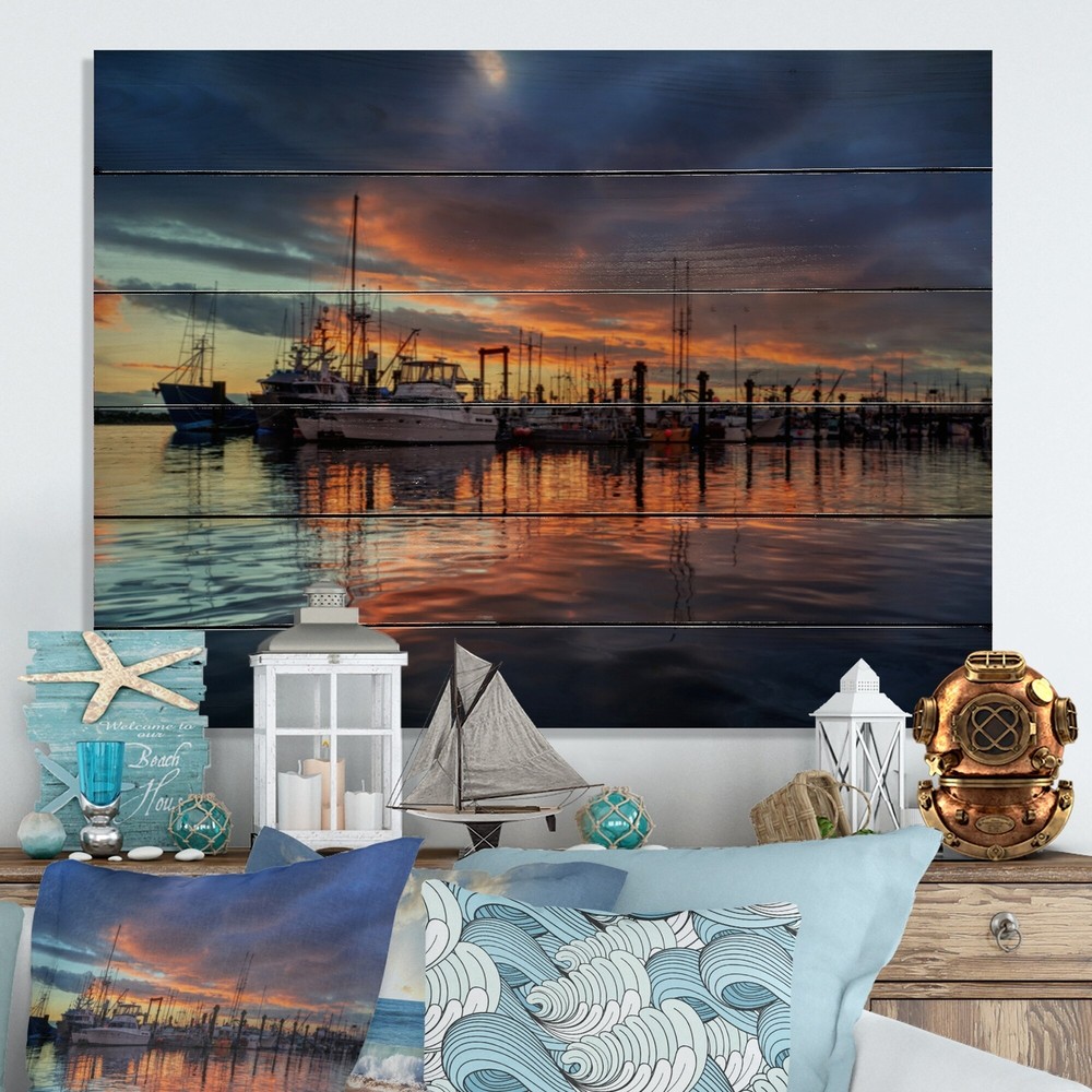 Designart 'Sunrise At The Port' Nautical & Coastal Wood Wall