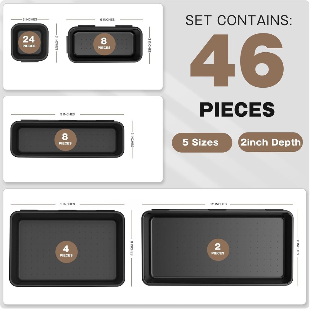 46PC Tool Box Organizer Tray Set 5 Sizes Black Drawer & Garage Storage Divider