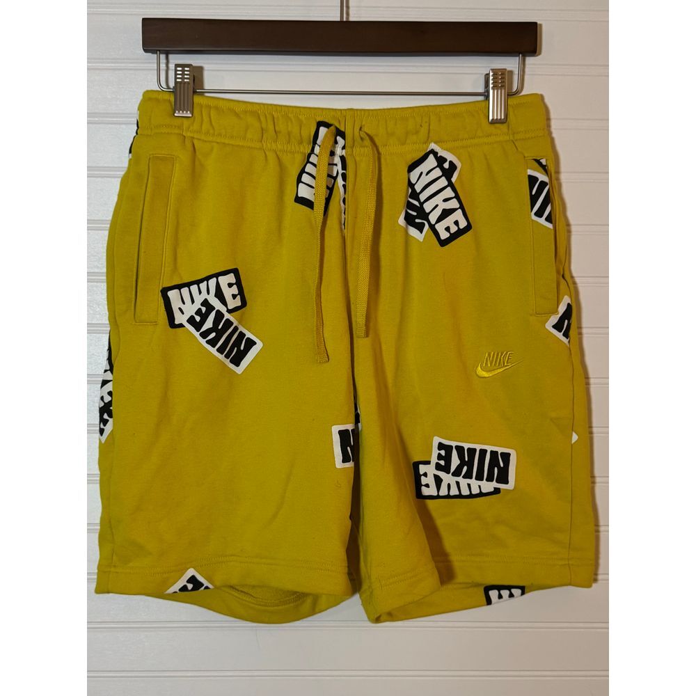 Nike Yellow Athletic Shorts with All-Over Logo Print Pattern Casual, Men's M