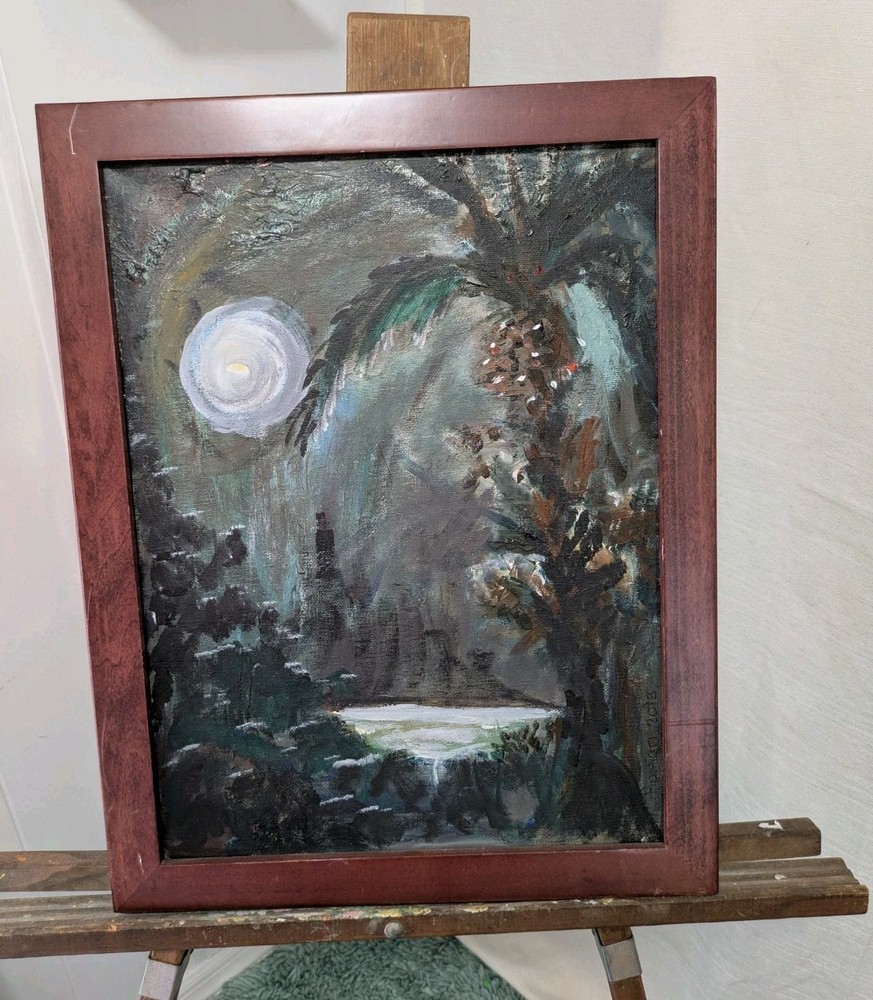 Original 12 X 16 Moonlight Abstract Tropical Palm Landscape Painting On Canvas-image