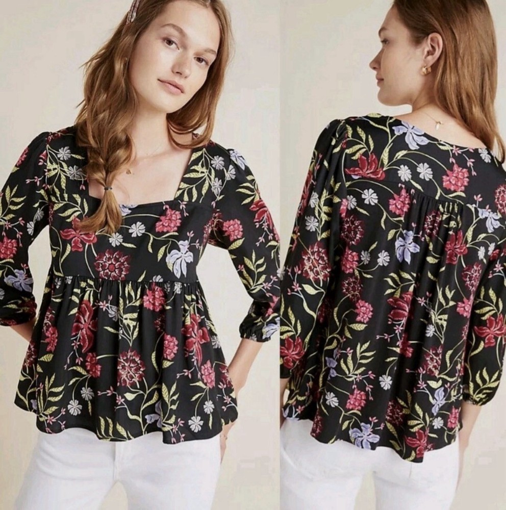 NWT Anthropologie Dolan Left Coast Cherie Black Floral Babydoll Top Size Small