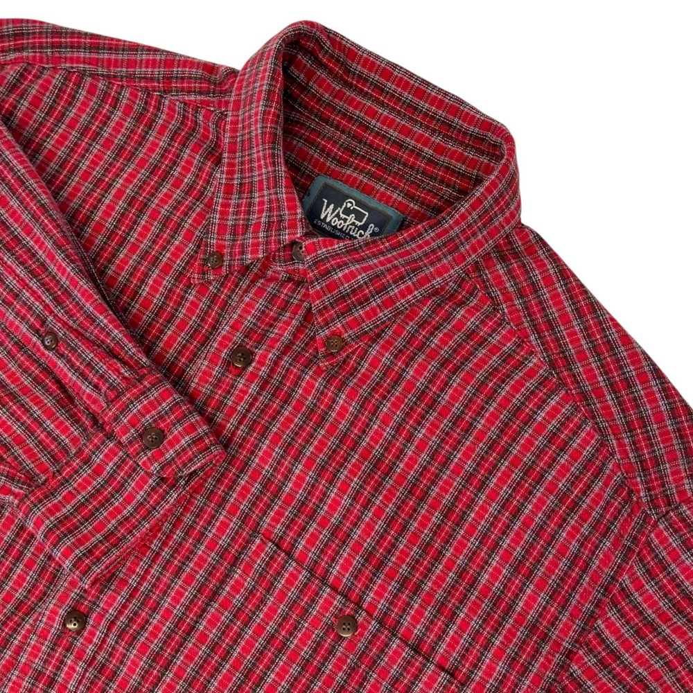 Woolrich Mens LARGE Plaid Button Down Shirt Long Sleeve Red Cotton Flannel VTG