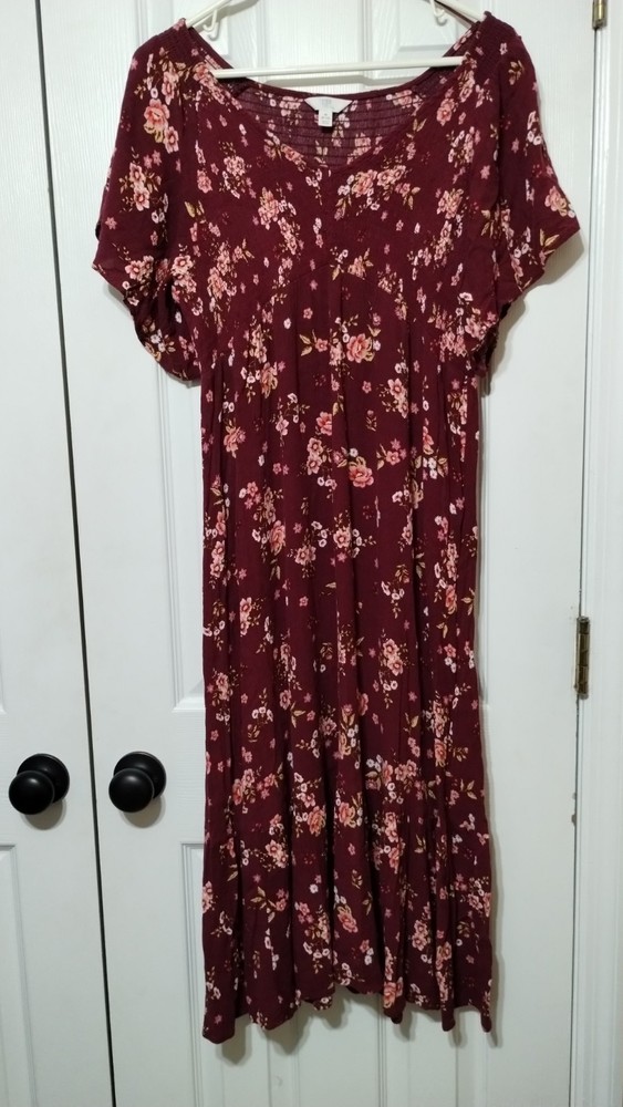 Time and Tru Women’s Size Burgundy Floral Flutter Sleeve Maxi Dress M (8-10)