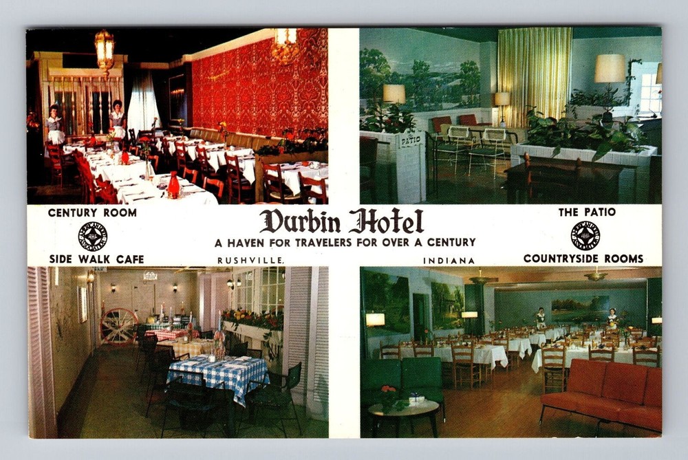 Indiana IN Rushville Durbin Hotel Century Room Patio Café Vintage Postcard