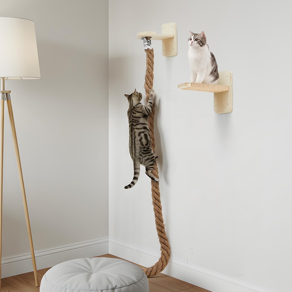 Wall-Mounted Cat Tree with Dual 59-Inch Climbing Ropes & Play Tower