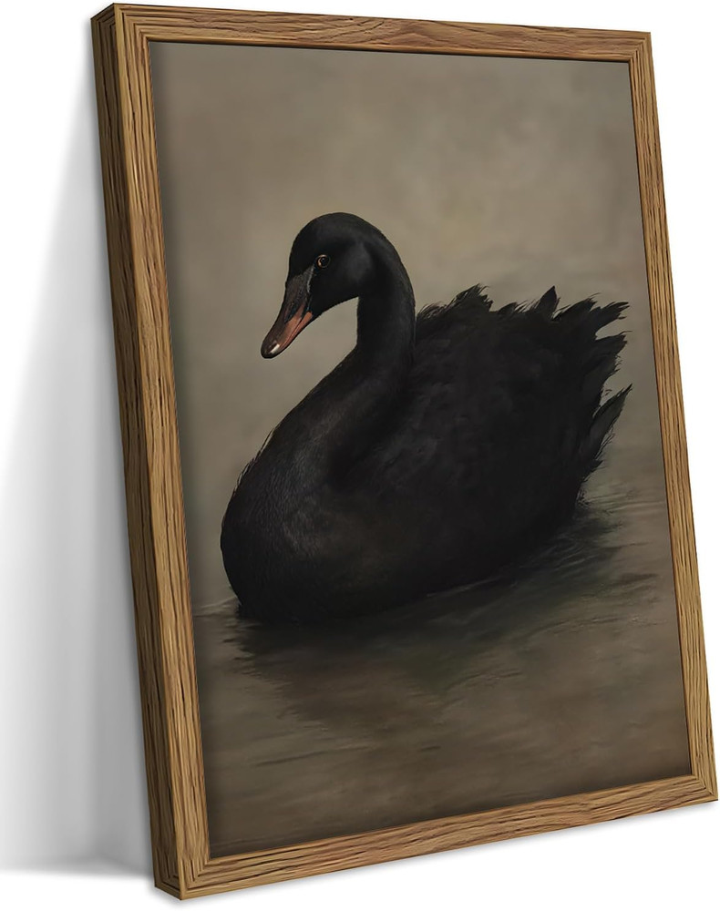 Vintage Black Swan Wall Art, Dark Academia Swan Canvas Wall Decor Painting, Goth