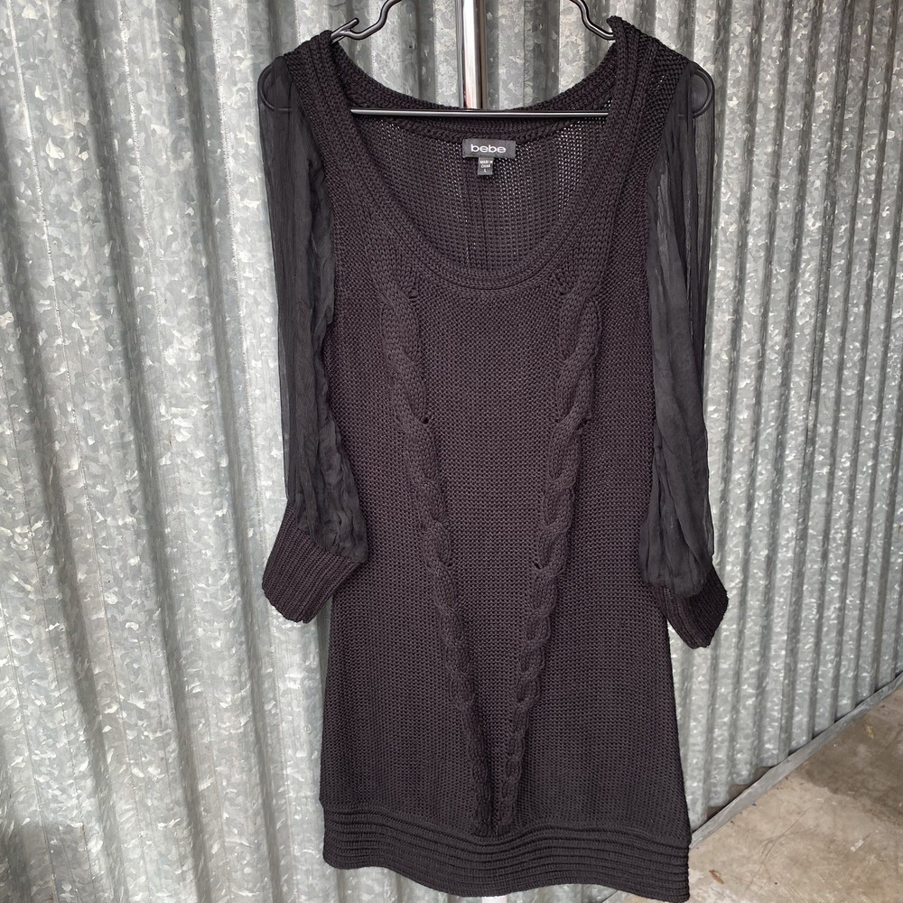 Y2K Bebe Black Cable Knit & Silk Sweater Dress Size Large