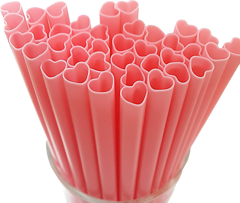 100Pcs Heart Shaped Pink Straws Disposable Drinking Cute Straw Individually Wrap