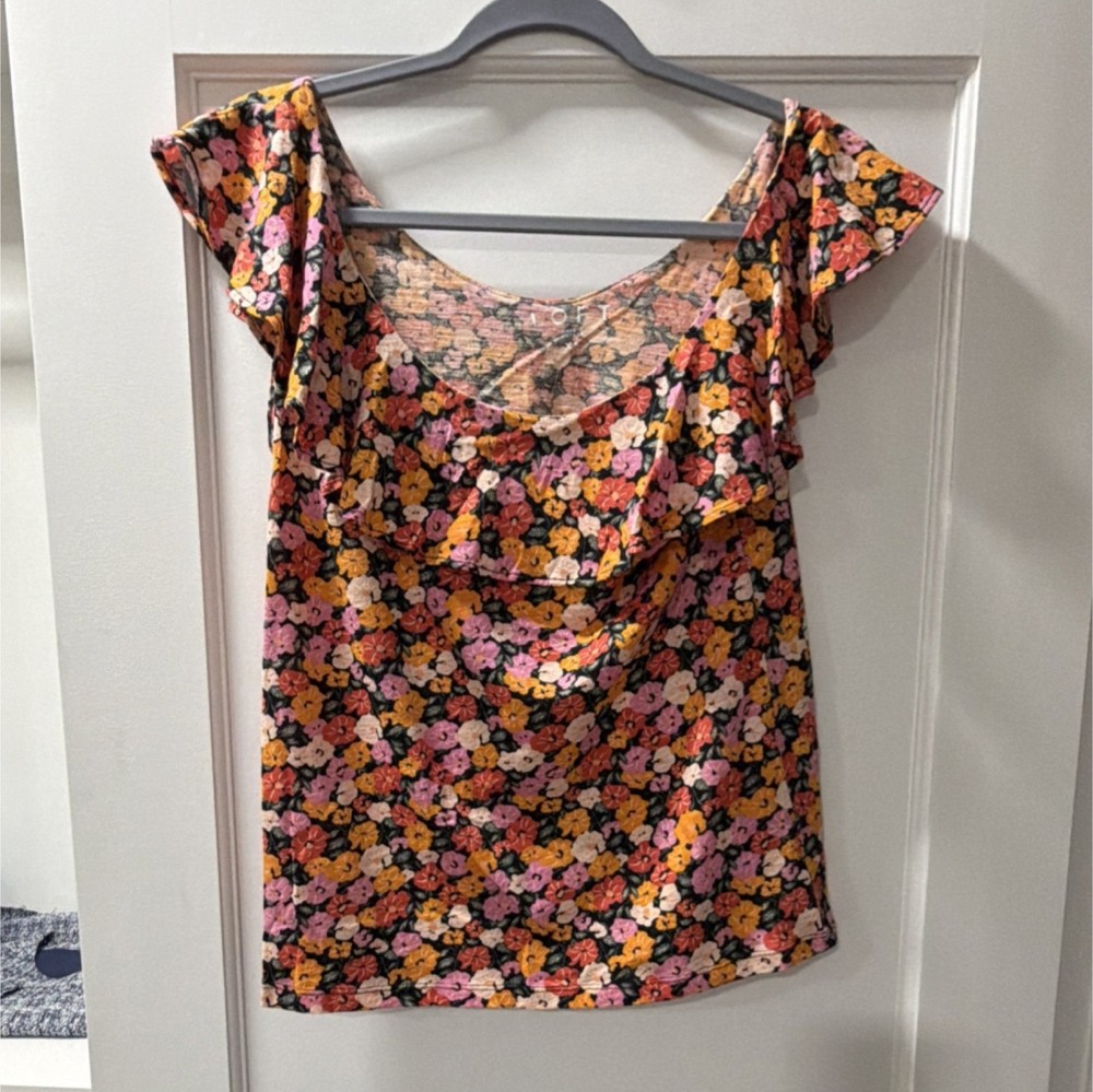 LOFT Multicolor Floral Knit Ruffle Scoop Neck Flutter Short Sleeve Blouse XS