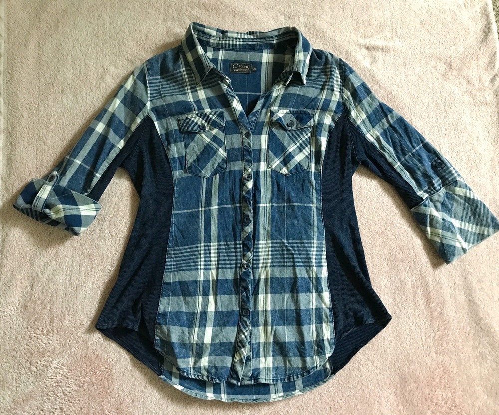 Women’s XL Ci Sono Blue Denim Plaid Quarter Bell Sleeve Flannel Button Up Shirt