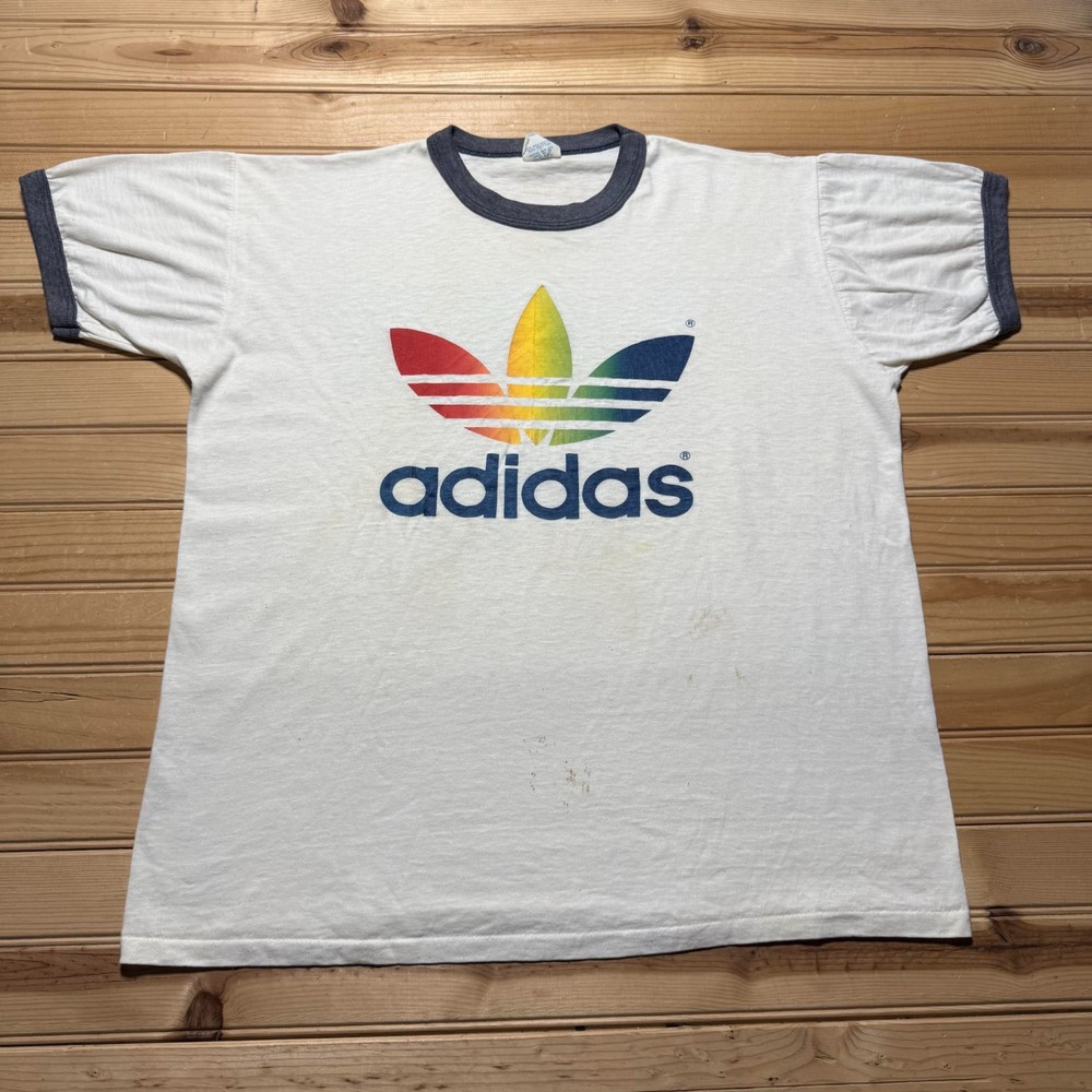 Vintage 80s Adidas Trefoil Rainbow Logo Streetwear Crewneck Ringer Shirt Size XL