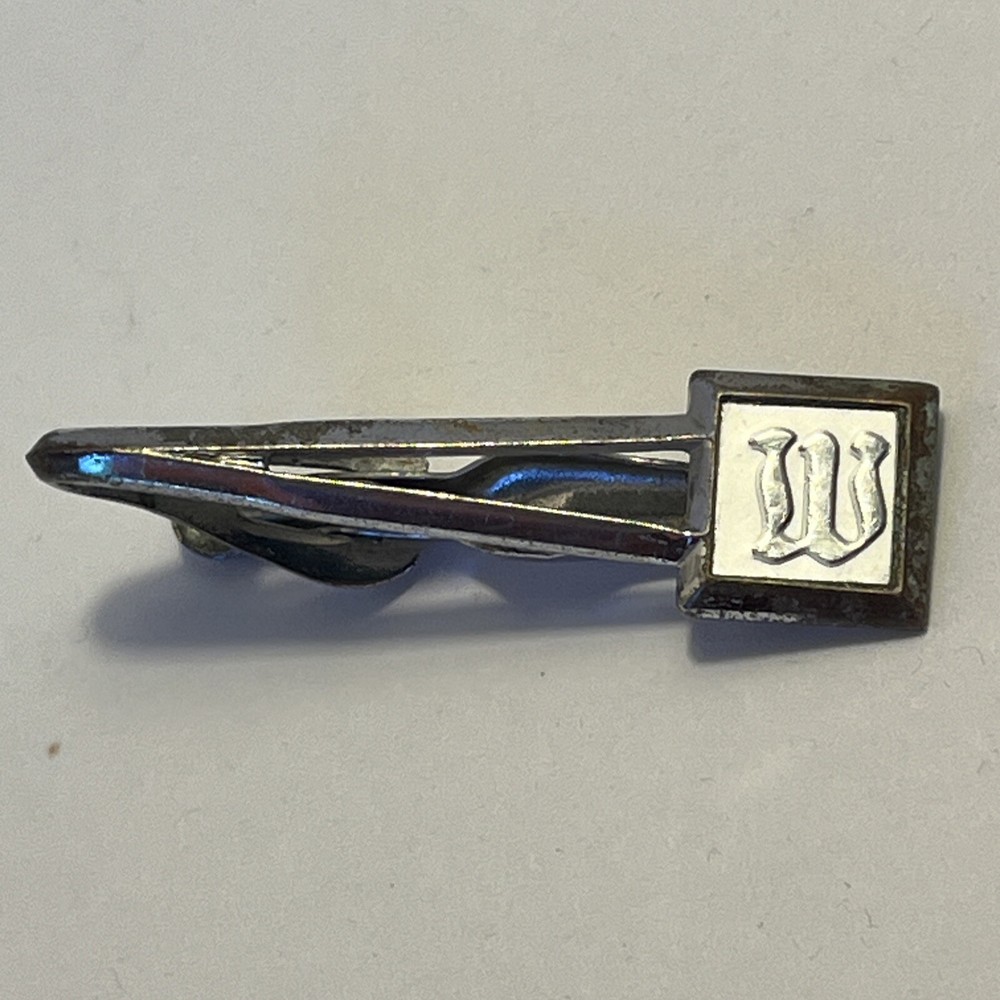 Swank “M Or W” Initial Tie Clip Signed Mid Century Men's Suit Formal Accessories