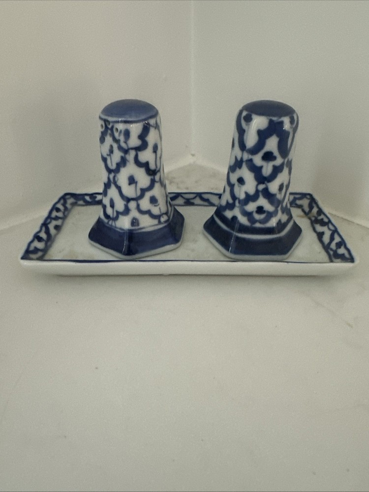 Vintage Thai 3 Piece Blue And White Floral Ceramic Salt And Pepper Set