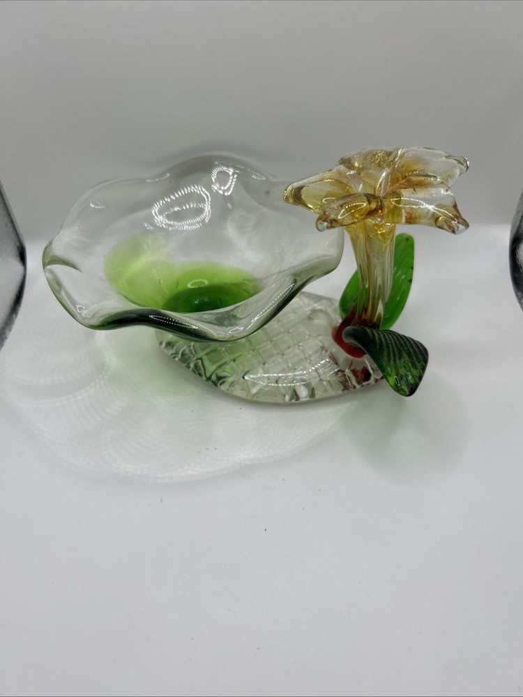 Vintage Hand Blown Art Glass Flower Bowl Vase Centerpiece Green Floral Decor