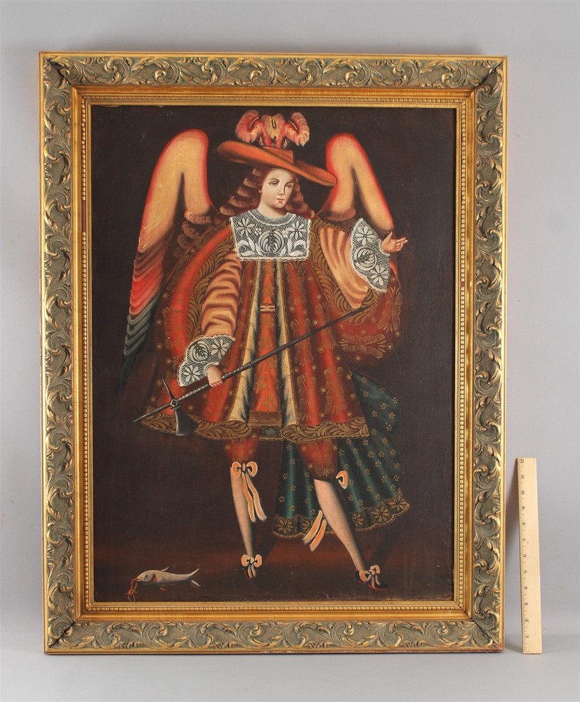 Large Antique Peruvian Spanish Colonial CUZCO SCHOOL-style Archangel PaintingArchangel Raphael... NO RESERVE, Possible FREE Delivery