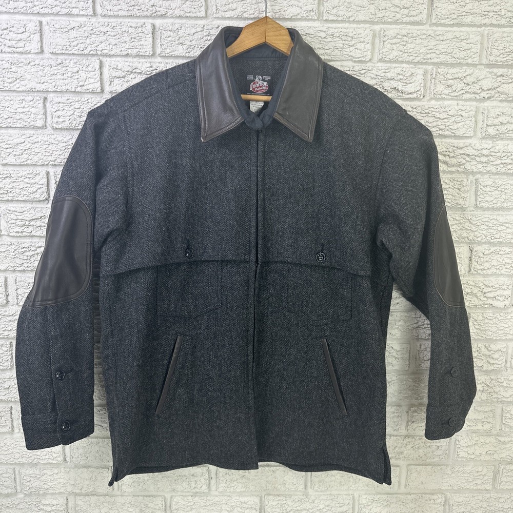 Johnson Woolen Mills Jac Shirt With Leather Trim Gray Herringbone Mens Sz Large
