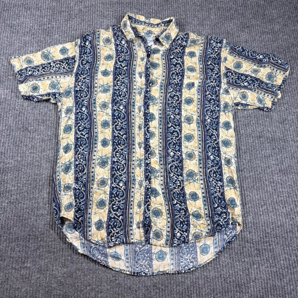 Solutions Original Shirt Mens S Short Sleeve Button Up Blue Yellow Rayon