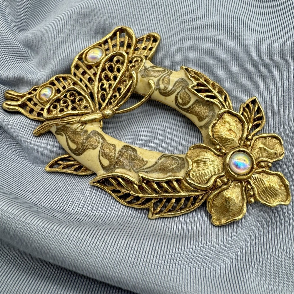 Vintage JJ Signed Butterfly Flower Rhinestone Enamel Brooch Pin 3” Gold Tone