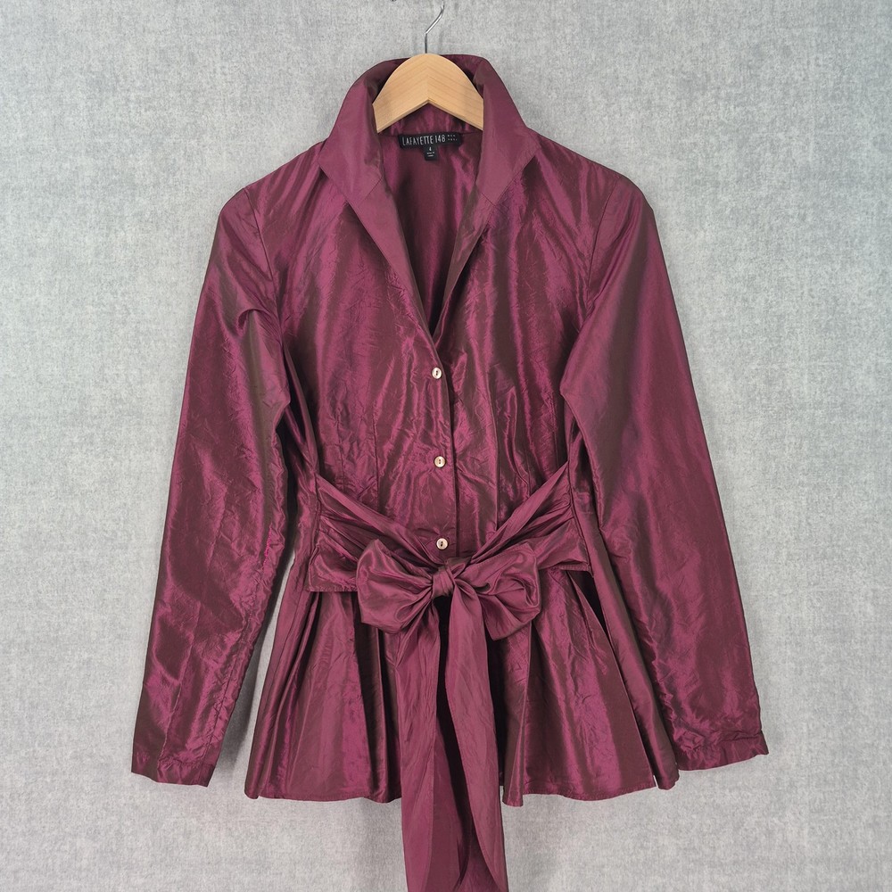 Lafayette 148 NY Blouse Womens* 4 Burgundy Silk Belted Peplum Bow Button Top