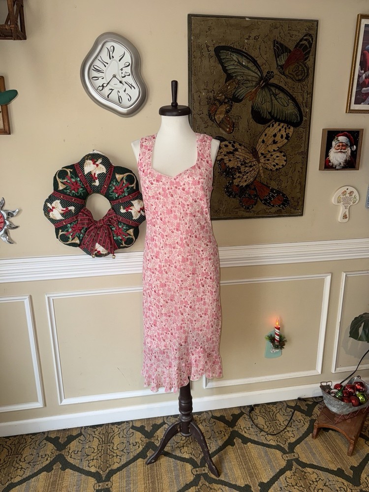 Women’s Asymmetrical Pink Floral Midi Ruffled Dress  Size: 12