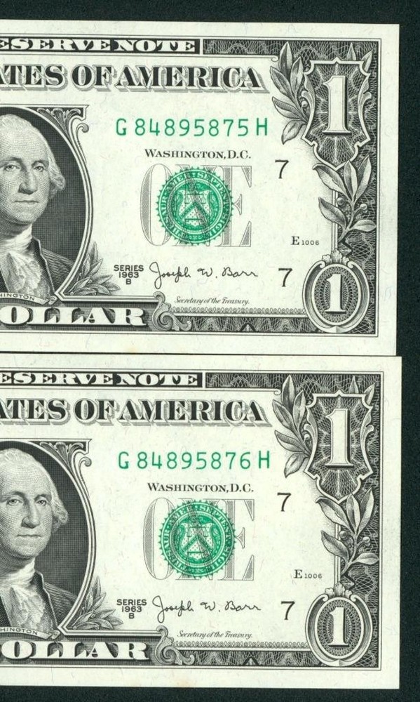 (( TWO CONSECUTIVE )) $1 1963 ((CHOICE CU)) ((JOSEPH BARR)) Federal Reserve