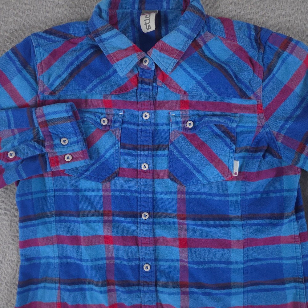 Stio Shirt Women Large Blue Plaid Willow Flannel Button Up Cotton Western Hiking